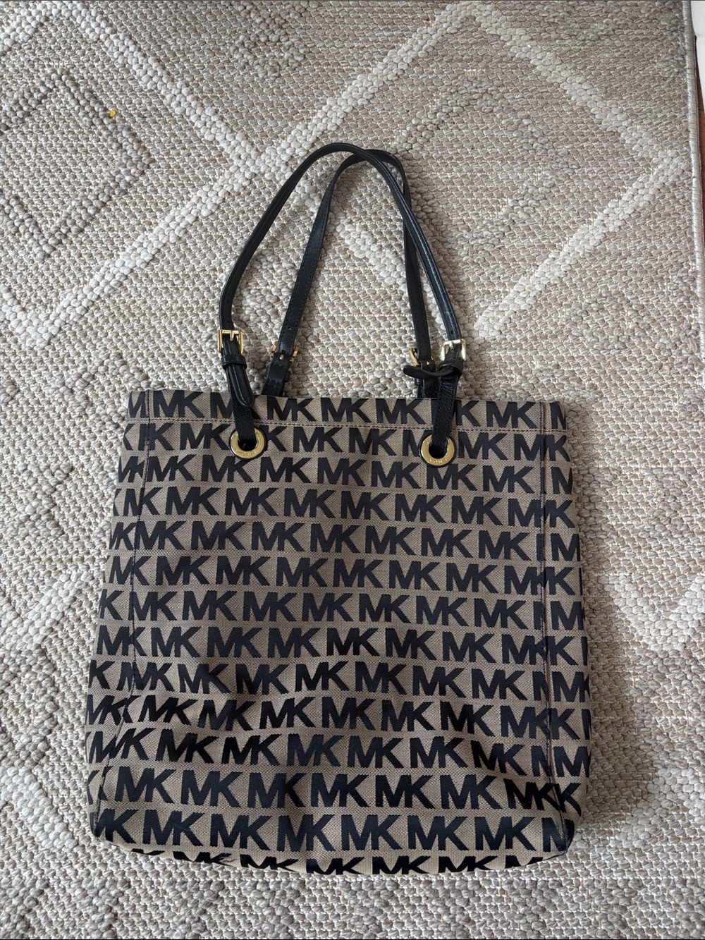 Michael Kors Tan and Black MK Logo Tote with Black Straps